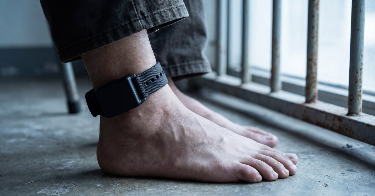 A bare foot wearing a black electronic ankle monitor on a concrete floor beside metal bars