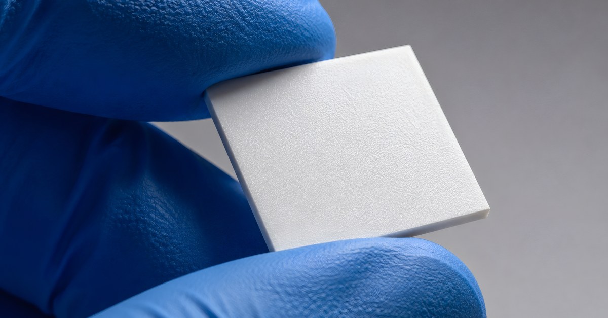 A gloved hand holding a white ceramic substrate against a grey background