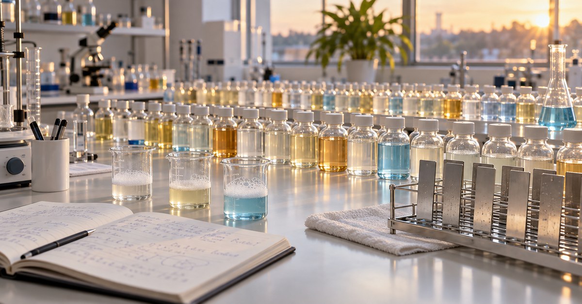 Rows of detergent formulation samples in glass bottles on a laboratory bench, with test beakers, stainless steel test coupons on a drying rack, and an open lab notebook